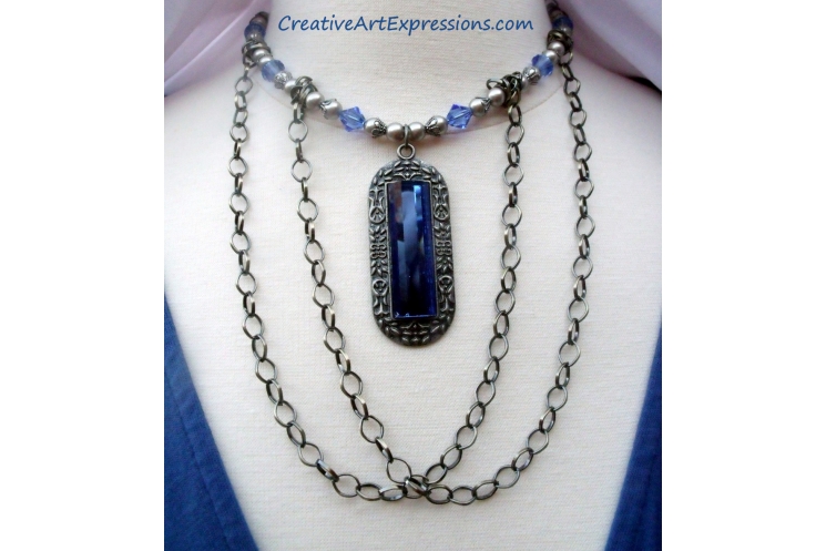 Creative Art Expressions Handmade Blue Platinum & Chain Necklace Jewelry Design