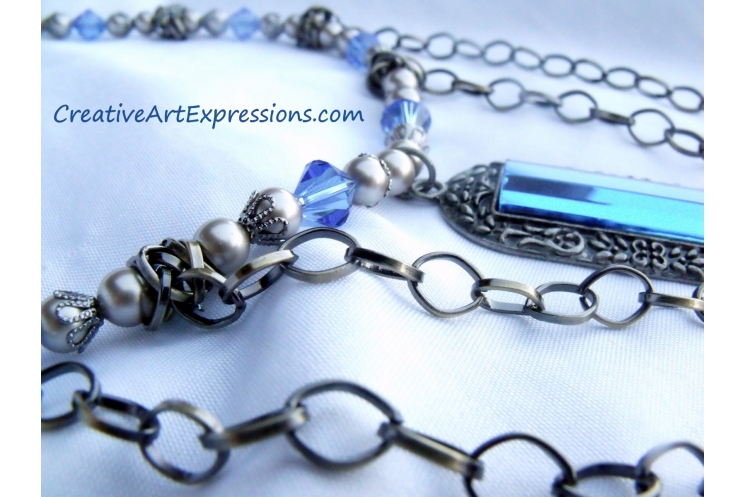 Creative Art Expressions Handmade Blue Platinum & Chain Necklace Jewelry Design
