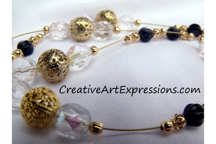 Creative Art Expressions Handmade Gold Black & Crystal Necklace Jewelry Design
