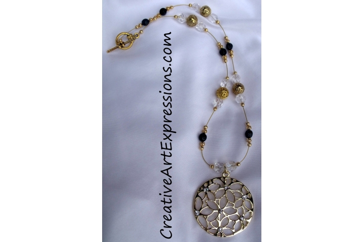 Creative Art Expressions Handmade Gold Black & Crystal Necklace Jewelry Design