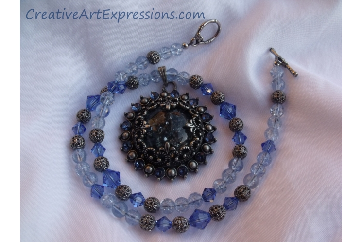 Creative Art Expressions Handmade Blue & Antique Silver Necklace Jewelry Design