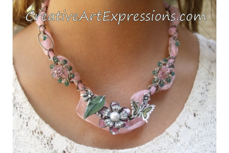 Creative Art Expressions Handmade Pink Wire Wrapped & Ribbon Necklace Jewelry