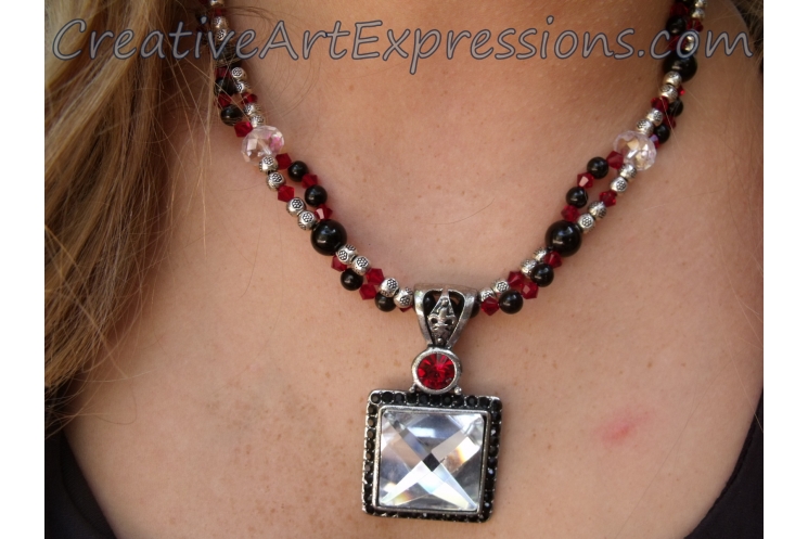 Creative Art Expressions Handmade Red Black Silver Crystal Necklace Jewelry