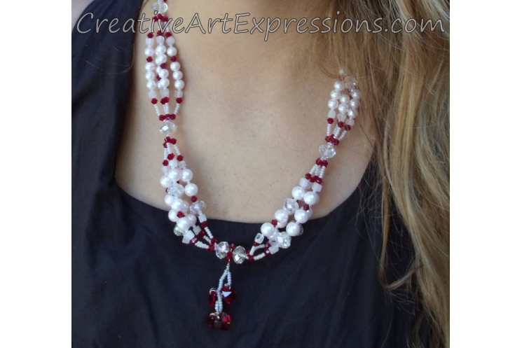 Creative Art Expressions Handmade Red & White Pearl & Crystal Necklace Jewelry
