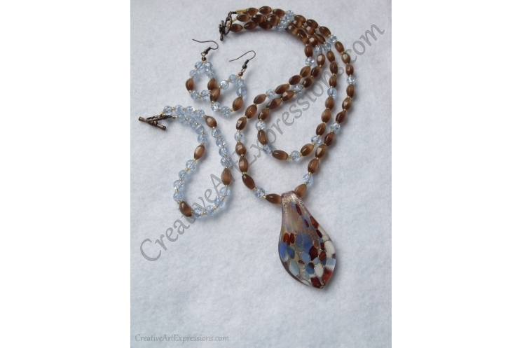 Creative Art Expressions Handmade Blue & Mahogany Necklace Bracelet & Earring Je