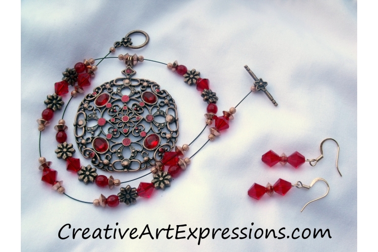 Creative Art Expressions Handmade Red & Antique Copper Necklace & Earring Set Je