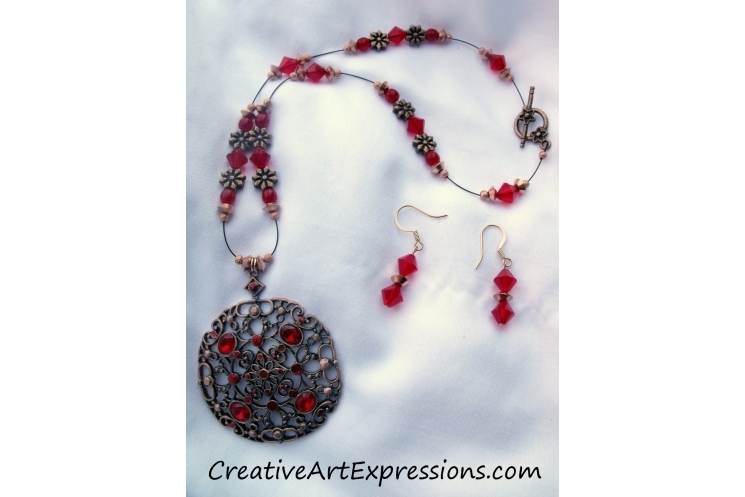 Red & Antique Copper Necklace & Earring Set Jewelry Design