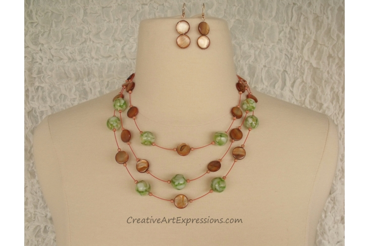 Handmade Green Brown Mother of Pearl 3 Strand Necklac