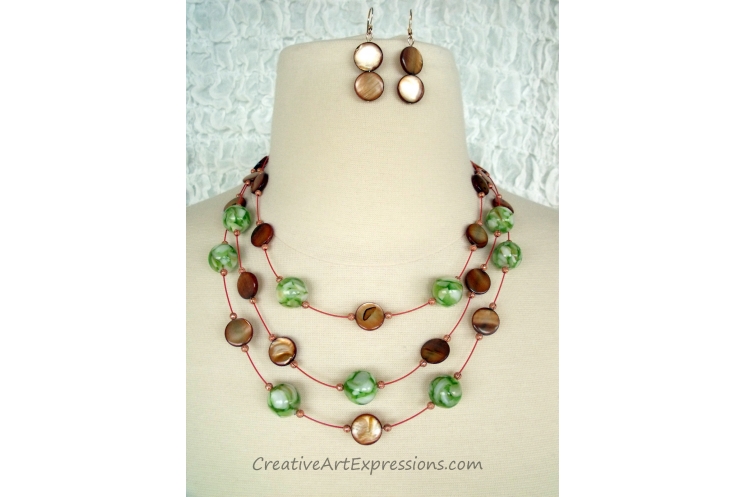 Handmade Green Brown Mother of Pearl 3 Strand Necklace