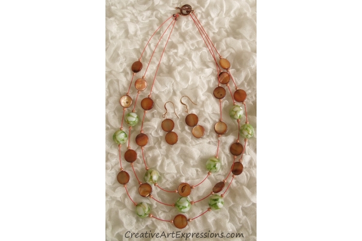 Handmade Green Brown Mother of Pearl 3 Strand Necklace