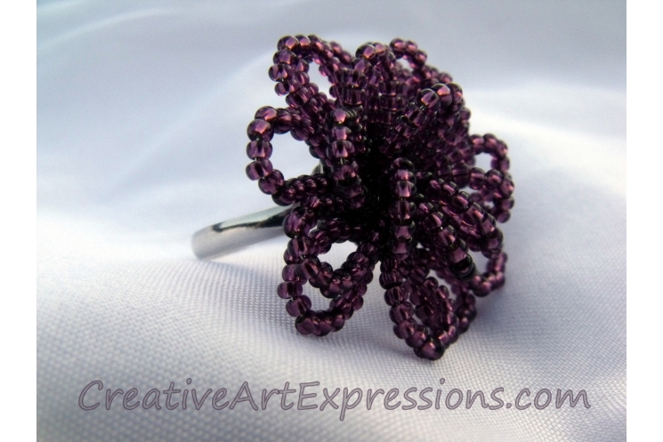 Creative Art Expressions Handmade Amethyst Seed Bead Flower Ring Jewelry Design