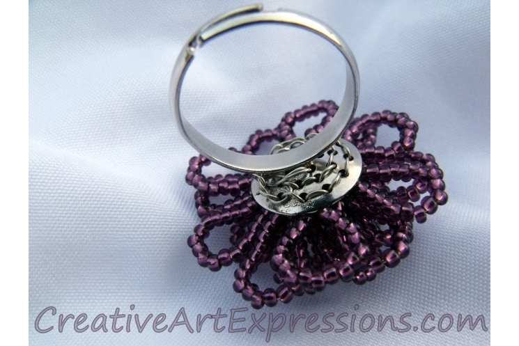 Creative Art Expressions Handmade Amethyst Seed Bead Flower Ring Jewelry Design