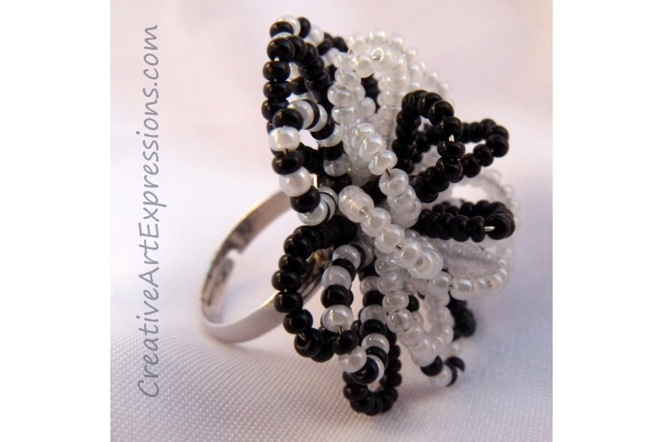 Creative Art Expressions Handmade Black & White Seed Bead Flower Ring Jewelry De