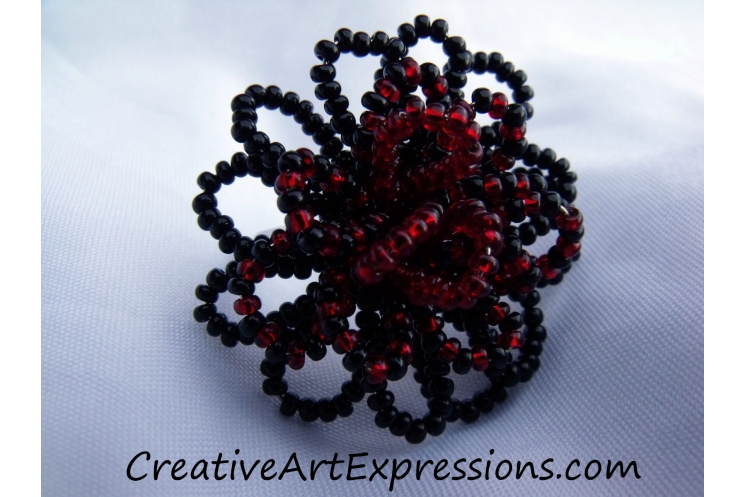 Creative Art Expressions Handmade Black & Red Seed Bead Flower Ring Jewelry Desi