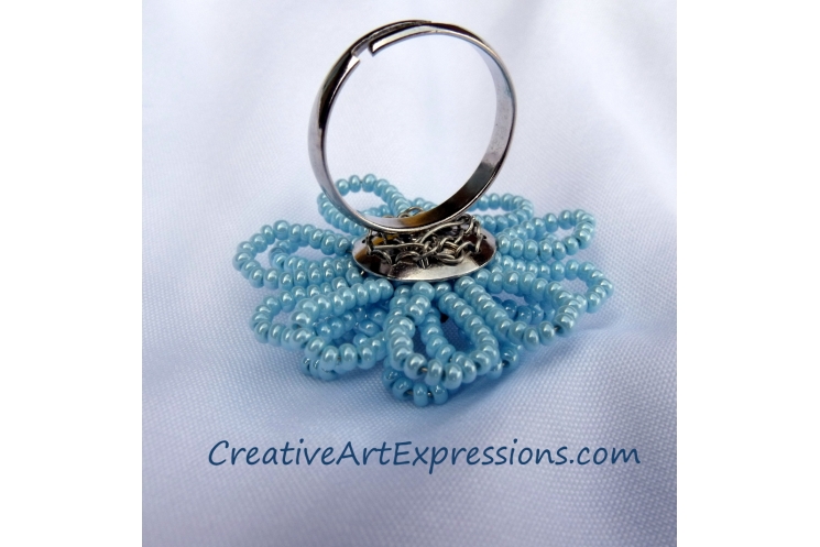 Creative Art Expressions Handmade Baby Blue Seed Bead Flower Ring Jewelry