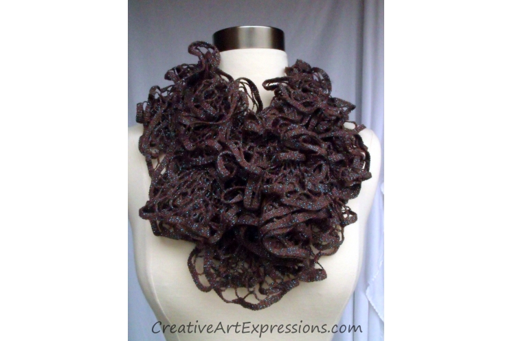 Creative Art Expressions Hand Knitted Brown & Turquoise Glam Ruffle Scarf