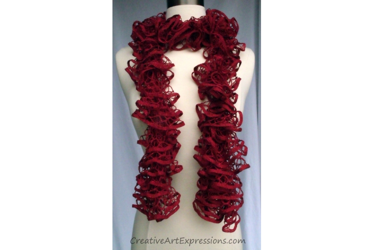 Creative Art Expressions Hand Knit Ruby Red Glam Ruffle Scarf