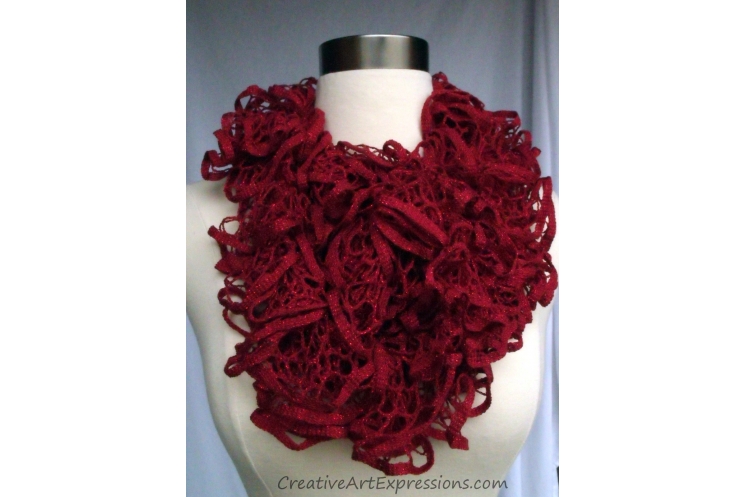 Creative Art Expressions Hand Knit Ruby Red Glam Ruffle Scarf