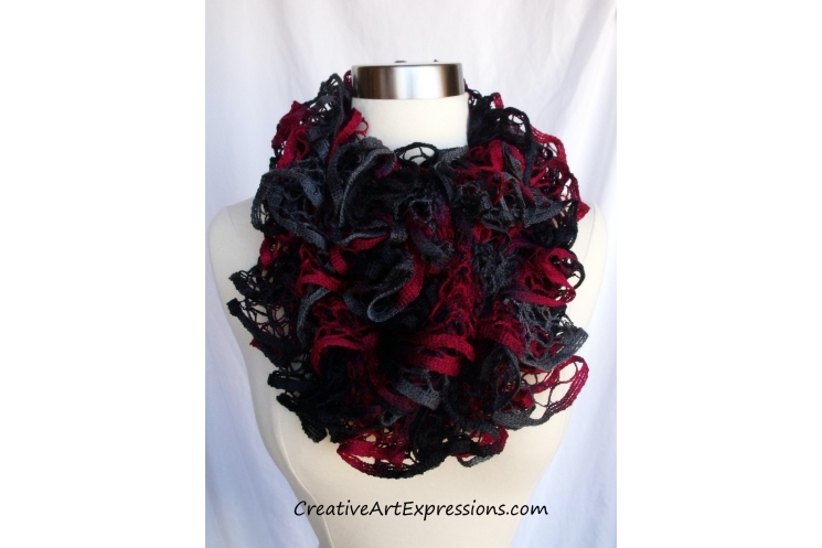 Creative Art Expressions Hand Knitted Red Black & Gray Ruffle Scarf