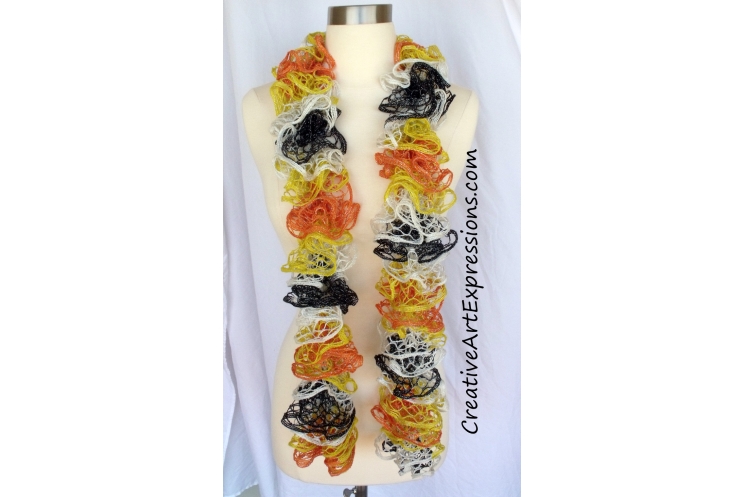 Creative Art Expressions Hand Knitted Candycorn Halloween Ruffle Scarf