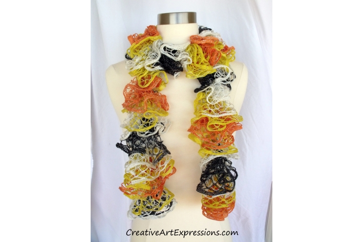 Creative Art Expressions Hand Knitted Candycorn Halloween Ruffle Scarf