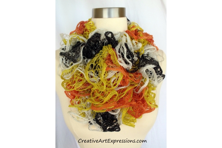 Creative Art Expressions Hand Knitted Candycorn Halloween Ruffle Scarf