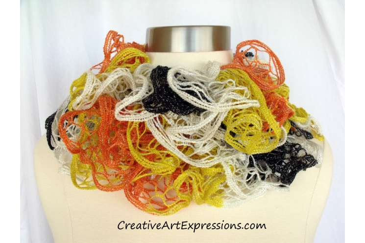Creative Art Expressions Hand Knitted Candycorn Halloween Ruffle Scarf
