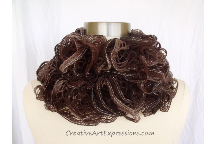 Creative Art Expressions Hand Knitted Brown Ruffle Scarf