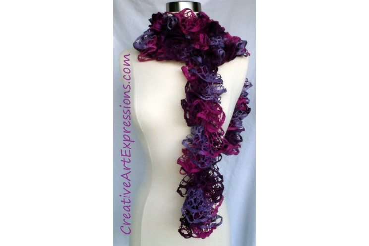 Creative Art Expressions Hand Knitted Pink & Purple Ruffle Scarf