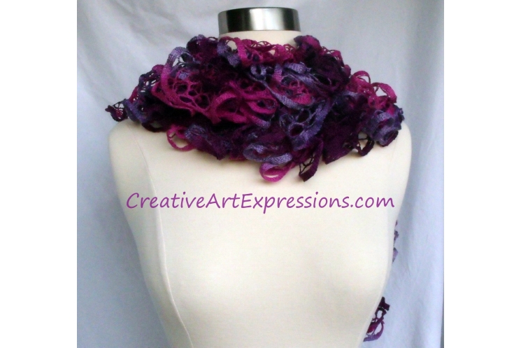 Creative Art Expressions Hand Knitted Pink & Purple Ruffle Scarf