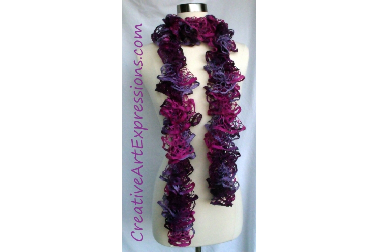 Creative Art Expressions Hand Knitted Pink & Purple Ruffle Scarf