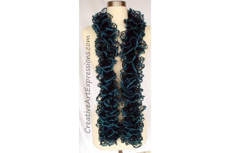 Creative Art Expressions Hand Knitted Peacock Ruffle Scarf