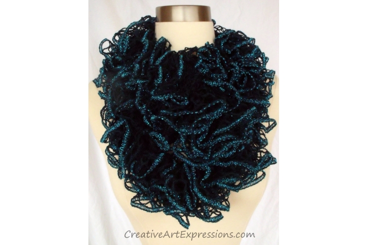 Creative Art Expressions Hand Knitted Peacock Ruffle Scarf