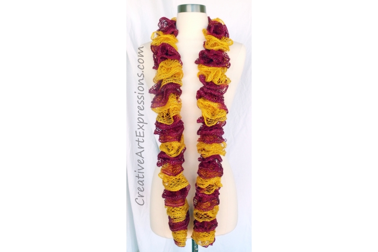 Creative Art Expressions Hand Knitted Gold & Burgundy Ruffle Scarf