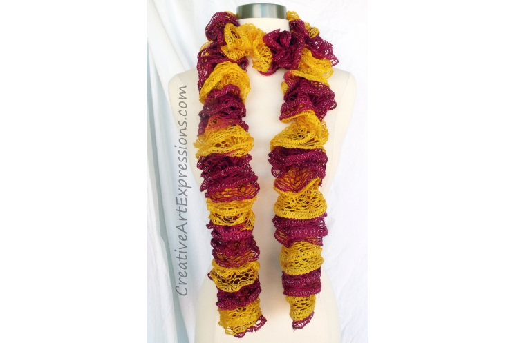 Creative Art Expressions Hand Knitted Gold & Burgundy Ruffle Scarf