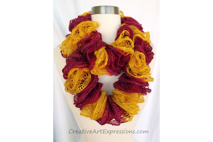 Creative Art Expressions Hand Knitted Gold & Burgundy Ruffle Scarf