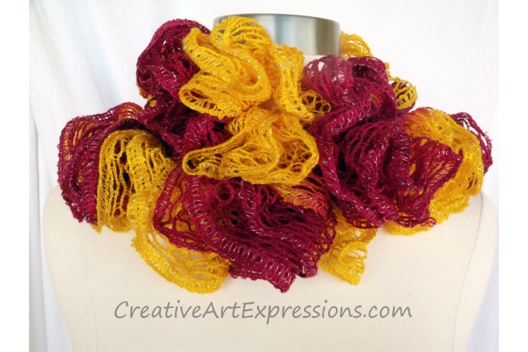 Creative Art Expressions Hand Knitted Gold & Burgundy Ruffle Scarf