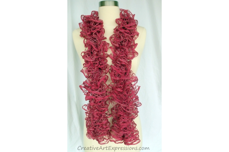 Creative Art Expressions Hand Knitted Rosewood Red Ruffle Scarf