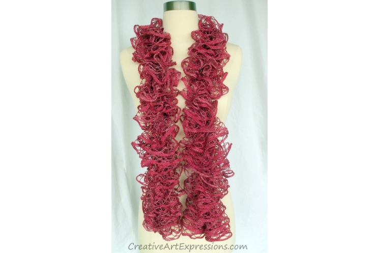 Creative Art Expressions Hand Knitted Rosewood Red Ruffle Scarf