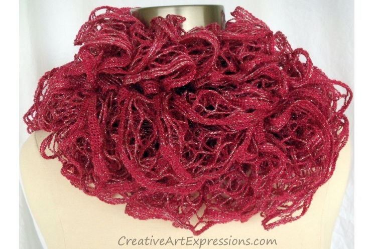 Creative Art Expressions Hand Knitted Rosewood Red Ruffle Scarf