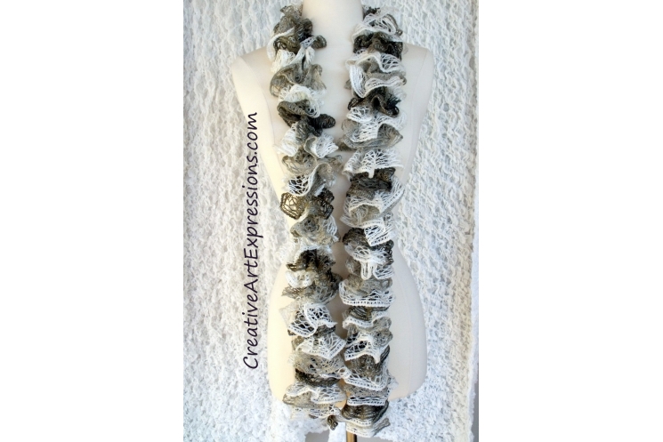 Hand Knitted White Gray & Brown Ruffle Scarf