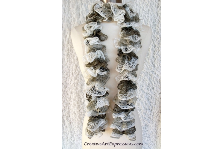 Hand Knitted White Gray & Brown Ruffle Scarf