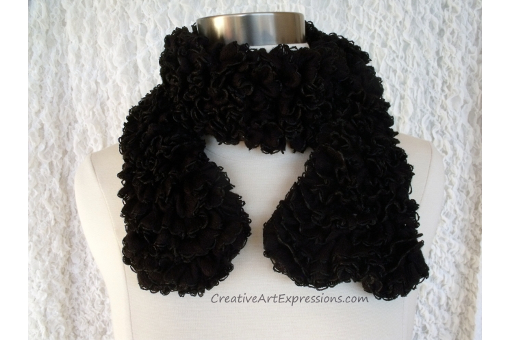 Creative Art Expressions Hand Knitted Black Ribbon Scarf