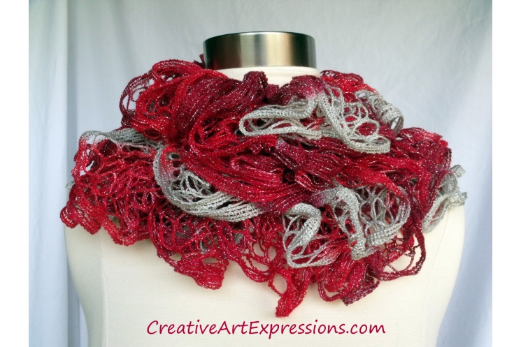 Creative Art Expressions Hand Knitted Crimson Christmas Ruffle Scarf