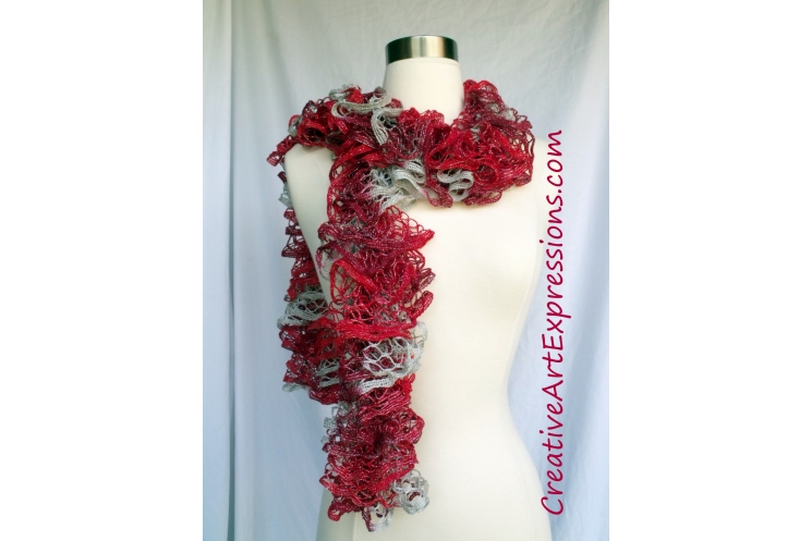 Creative Art Expressions Hand Knitted Crimson Christmas Ruffle Scarf