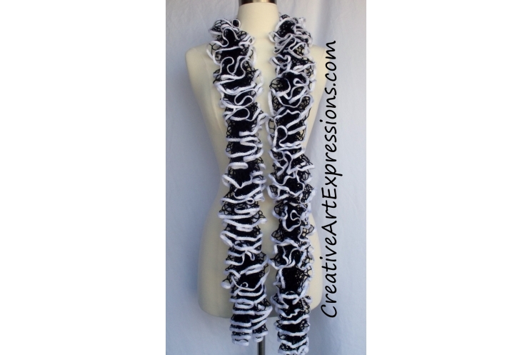 Creative Art Expressions Hand Knit Black & White Ruffle Scarf