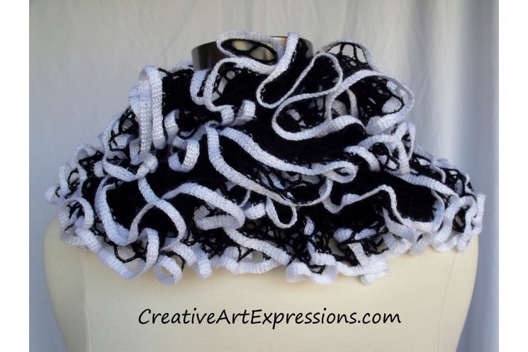 Creative Art Expressions Hand Knit Black & White Ruffle Scarf