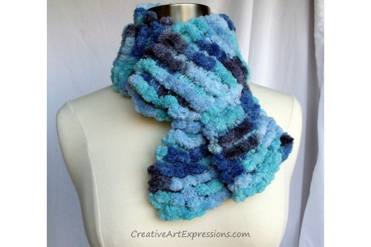 Creative Art Expressions Hand Knit Blue Skies Pom Pom Scarf