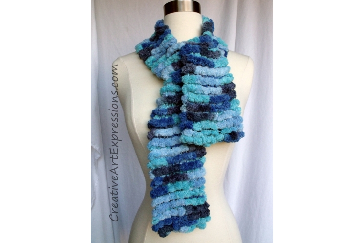 Creative Art Expressions Hand Knit Blue Skies Pom Pom Scarf