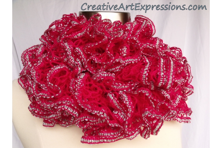 Creative Art Expressions Hand Knit Pink Topaz & Silver Ruffle Scarf